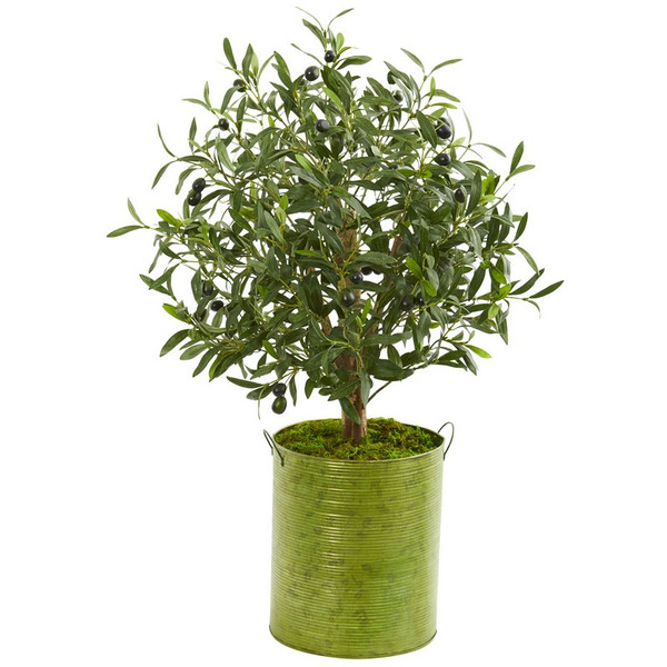 33" Olive Artificial Tree In Green Metal Planter 9222 By Nearly Natural