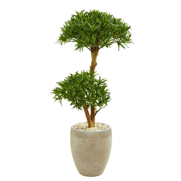 44" Bonsai Styled Podocarpus Artificial Tree In Sand Colored Planter 9235 By Nearly Natural