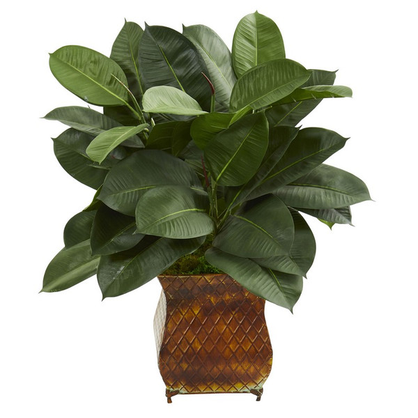 28" Artificial Rubber Plant In Brown Metal Planter 9243 By Nearly Natural