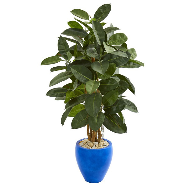 53" Artificial Rubber Tree In Blue Planter 9250 By Nearly Natural