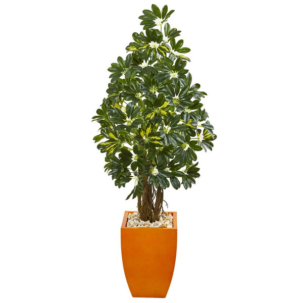 59" Schefflera Artificial Tree In Orange Planter 9328 By Nearly Natural