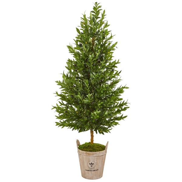 5' Olive Cone Topiary Artificial Tree In Farmhouse Planter 9345 By Nearly Natural
