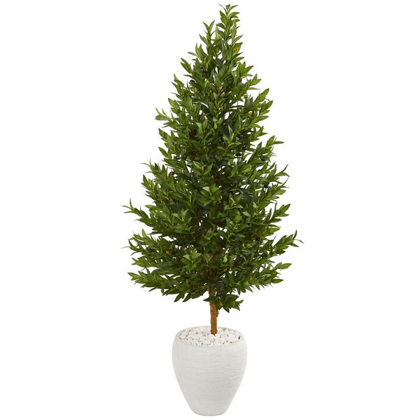 5' Olive Cone Topiary Artificial Tree In White Planter Uv Resistant (Indoor/Outdoor) 9347 By Nearly Natural