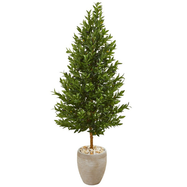 62" Olive Cone Topiary Artificial Tree In Sand Colored Planter Uv Resistant (Indoor/Outdoor) 9348 By Nearly Natural