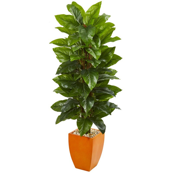 5.5' Large Leaf Philodendron Artificial Plant In Orange Planter (Real Touch) 9356 By Nearly Natural