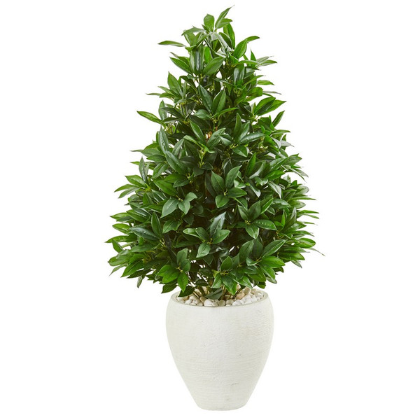 44" Bay Leaf Cone Topiary Artificial Tree In White Planter Uv Resistant (Indoor/Outdoor) 9359 By Nearly Natural