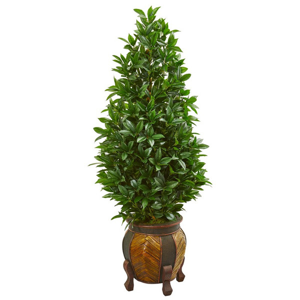 56" Bay Leaf Cone Topiary Artificial Tree In Decorative Planter 9370 By Nearly Natural