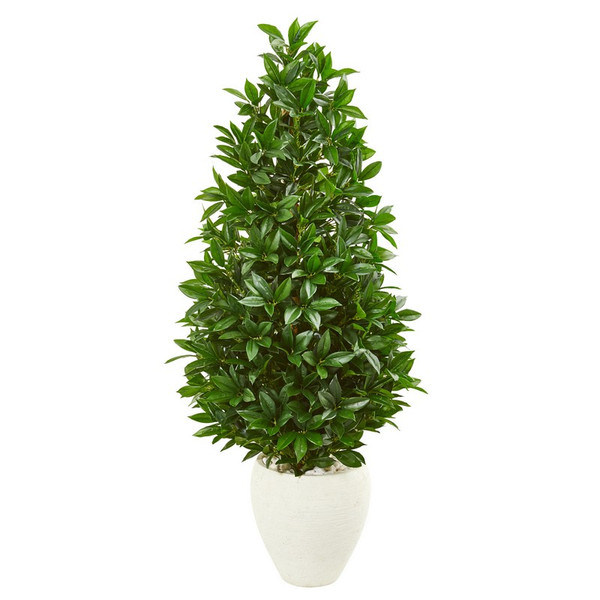4.5' Bay Leaf Cone Topiary Artificial Tree Uv Resistant In White Planter (Indoor/Outdoor) 9371 By Nearly Natural
