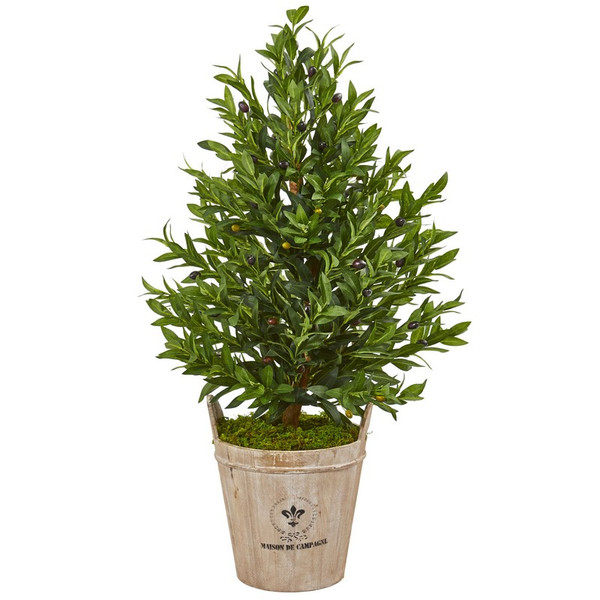 38" Olive Cone Topiary Artificial Tree In Farmhouse Planter 9394 By Nearly Natural