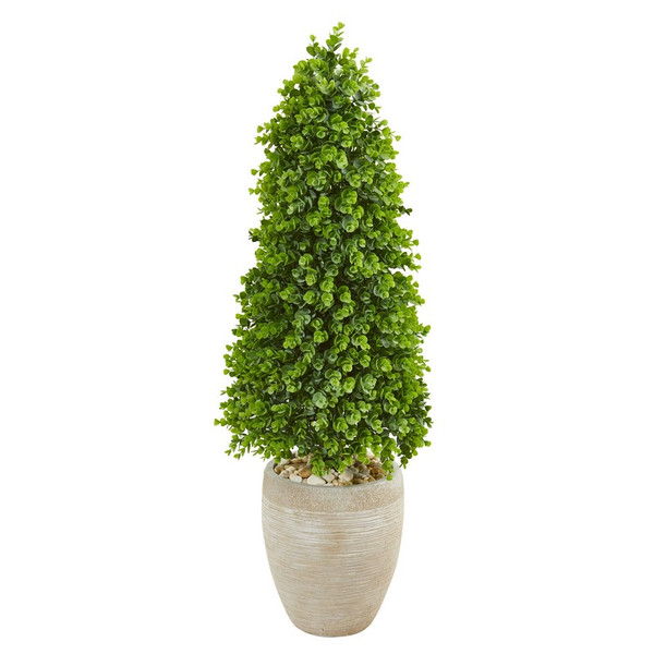 3.5' Eucalyptus Topiary Artificial Tree In Sand Colored Planter (Indoor/Outdoor) 9395 By Nearly Natural