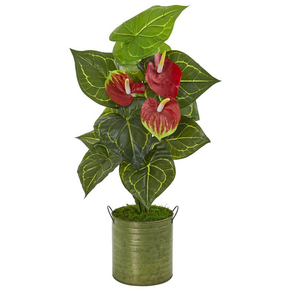 29" Anthurium Artificial Plant In Metal Planter (Real Touch) 9424 By Nearly Natural