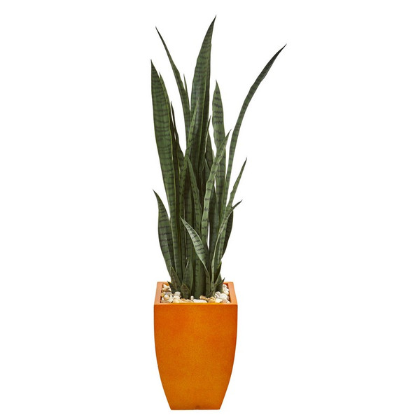 55" Sansevieria Artificial Plant In Orange Planter 9433 By Nearly Natural