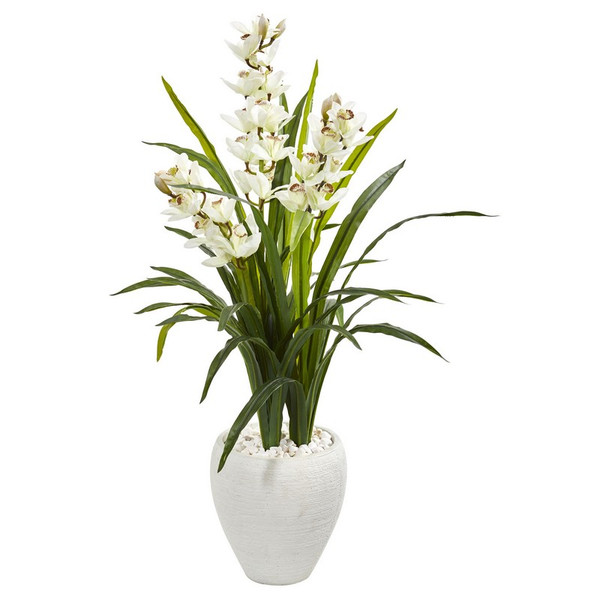 4' Cymbidium Orchid Artificial Plant In White Planter 9444 By Nearly Natural