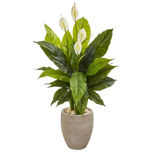 47" Spathiphyllum Artificial Plant In Sand Colored Planter (Real Touch) 9447 By Nearly Natural