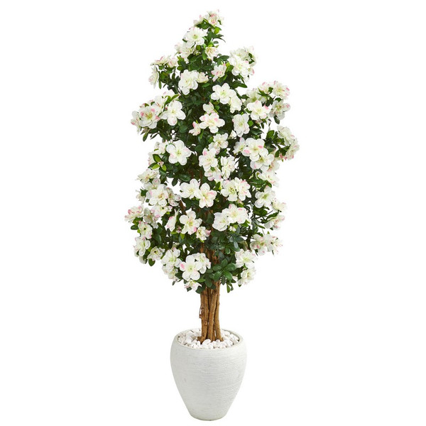 5' Azalea Artificial Tree In White Planter 9460 By Nearly Natural