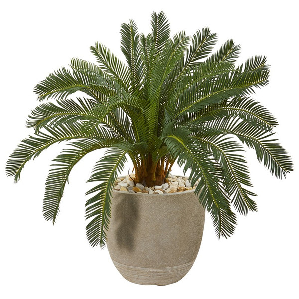 29" Cycas Artificial Plant In Sand Stone Planter 9476 By Nearly Natural