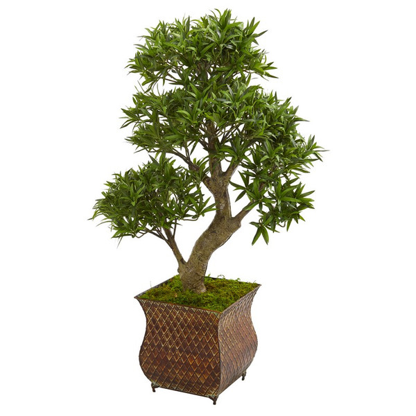 40" Podocarpus Artificial Bonsai Tree In Metal Planter 9478 By Nearly Natural