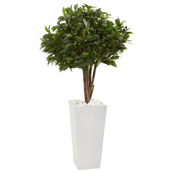 49" Bay Leaf Topiary Artificial Tree In White Tower Planter 9482 By Nearly Natural