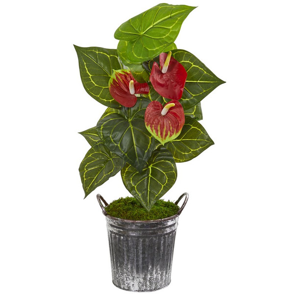 33" Anthurium Artificial Plant In Vintage Bucket (Real Touch) 9490 By Nearly Natural