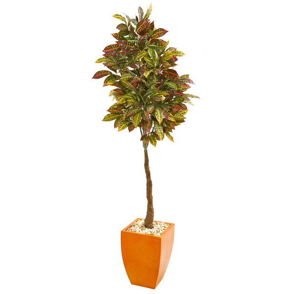 6' Croton Artificial Tree In Orange Planter 9584 By Nearly Natural