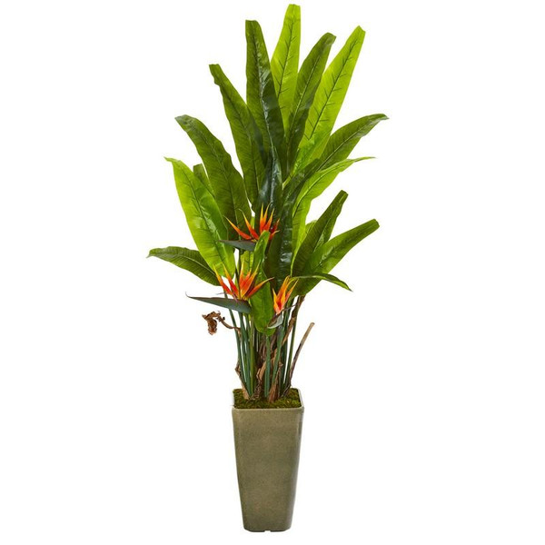 62" Bird Of Paradise Artificial Plant In Olive Green Planter 9596 By Nearly Natural