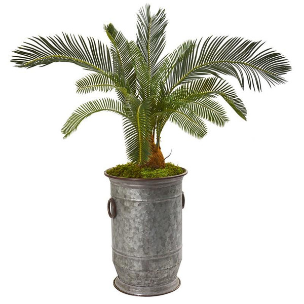36" Cycas Artificial Plant In Vintage Metal Planter 9622 By Nearly Natural