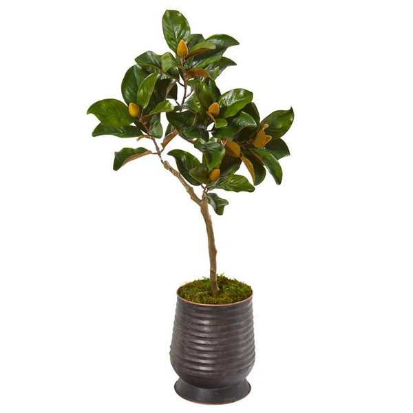 46" Magnolia Leaf Artificial Tree In Ribbed Metal Planter 9635 By Nearly Natural