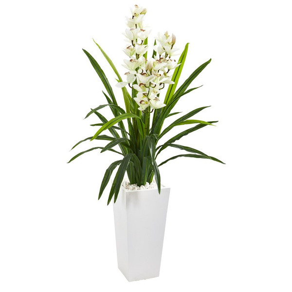 4.5' Cymbidium Orchid Artificial Plant In White Tower Planter 9640 By Nearly Natural