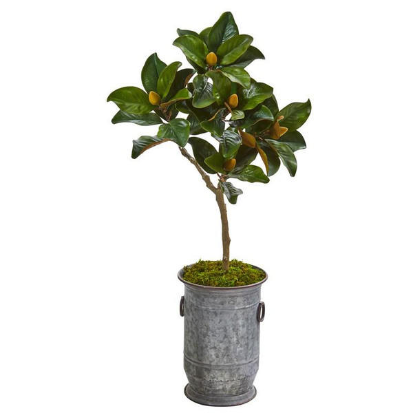 45" Magnolia Leaf Artificial Tree In Vintage Metal Planter 9651 By Nearly Natural