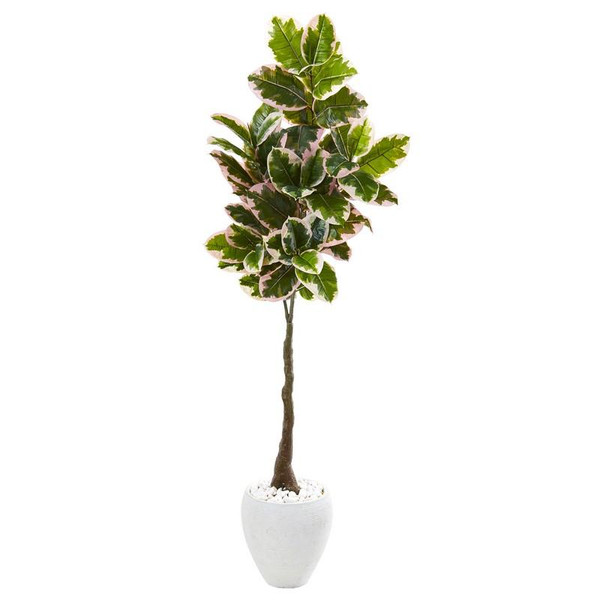 69" Variegated Rubber Leaf Artificial Tree In White Planter (Real Touch) 9675 By Nearly Natural