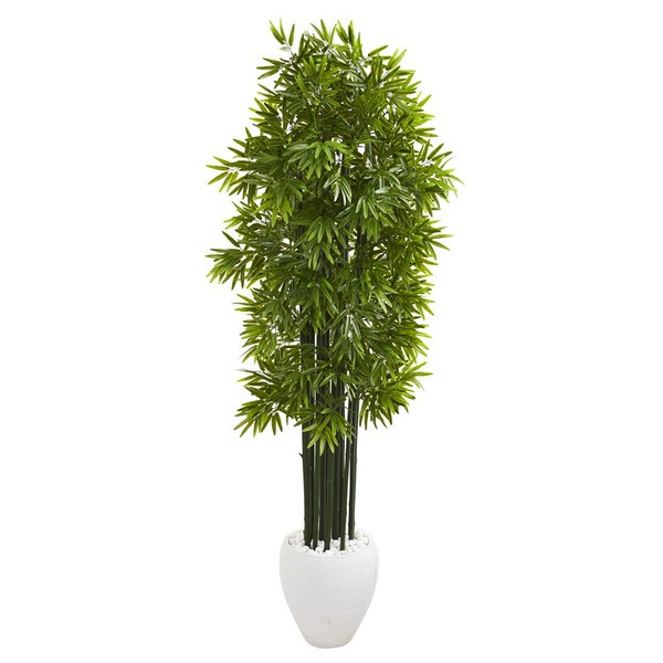 6' Bamboo Artificial Tree With Green Trunks In White Planter Uv Resistant (Indoor/Outdoor) 9729 By Nearly Natural