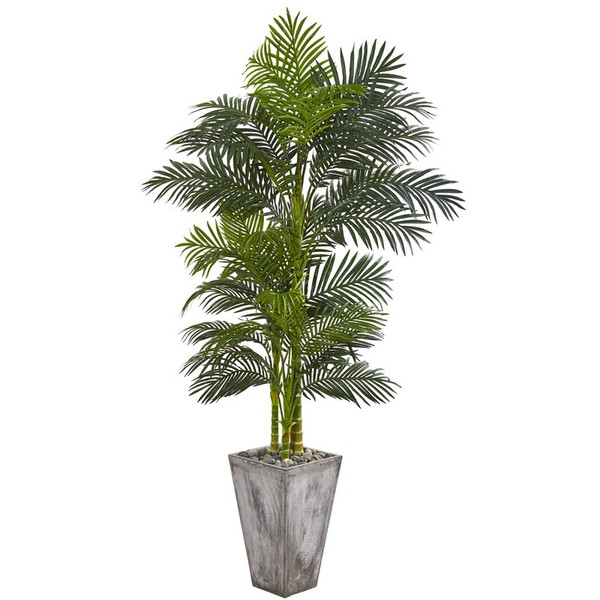 7' Golden Cane Artificial Palm Tree In Cement Planter 9769 By Nearly Natural