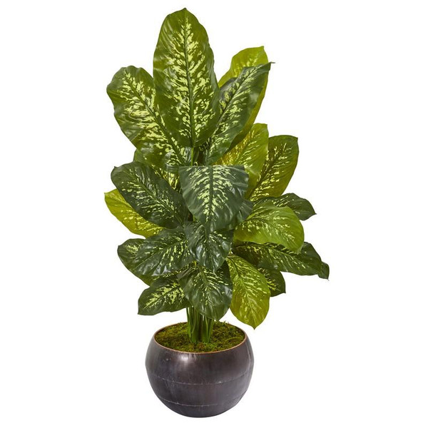 46" Dieffenbachia Artificial Plant In Metal Bowl (Real Touch) 9783 By Nearly Natural