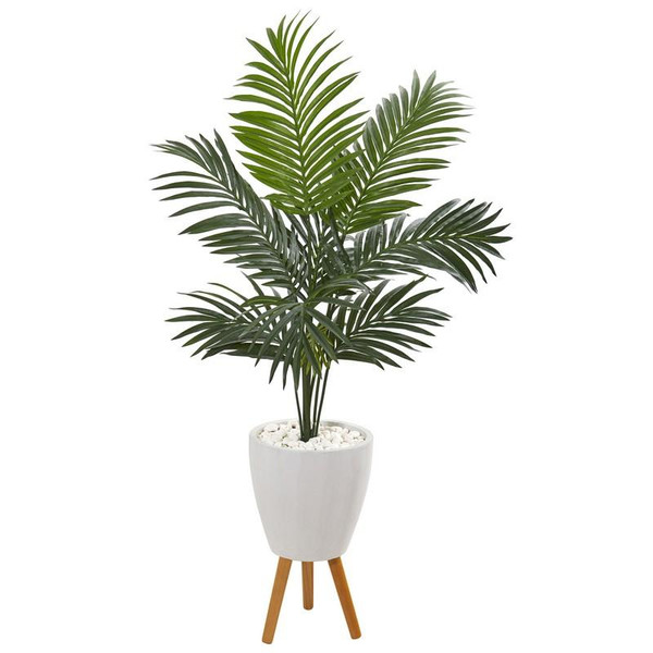 4.5' Kentia Artificial Palm Tree In White Planter With Legs 9837 By Nearly Natural