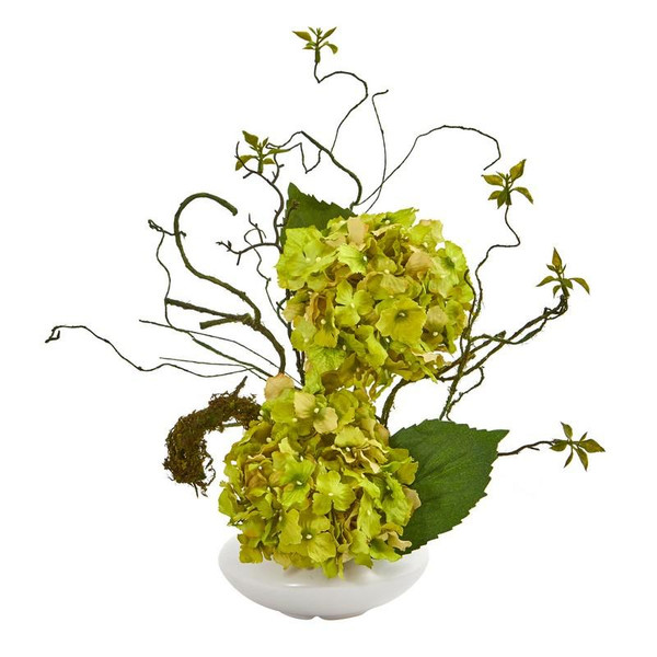 13" Hydrangea Artificial Arrangement In White Vase A1033-GR By Nearly Natural