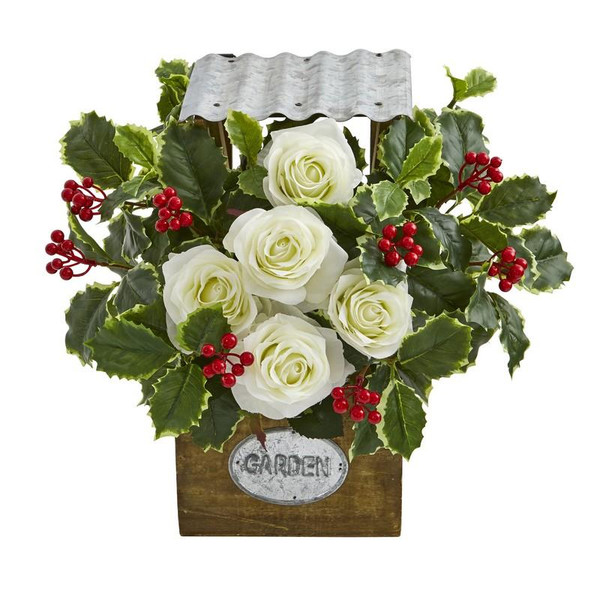 14" Rose And Variegated Holly Leaf Artificial Arrangement In Tin Roof Planter A1088 By Nearly Natural