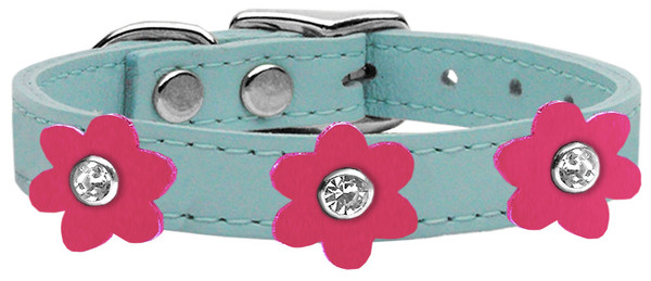 Flower Leather Collar Baby Blue With Pink Flowers Size 22 83-110 BBL-PK22 By Mirage