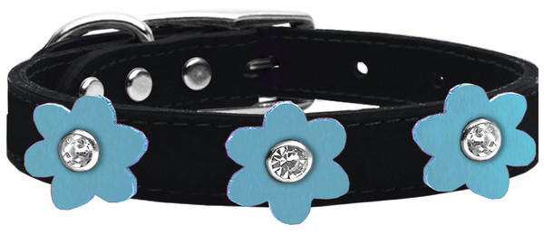 Flower Leather Collar Black With Baby Blue Flowers Size 24 83-110 BK-BBL24 By Mirage