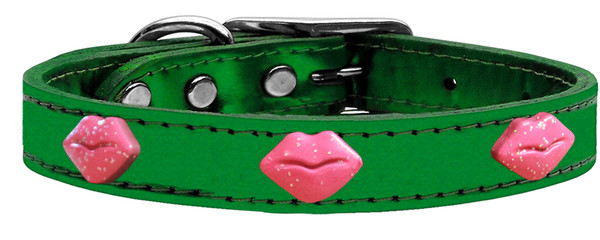 Pink Glitter Lips Widget Genuine Metallic Leather Dog Collar Emerald Green 24 83-74 EGM24 By Mirage