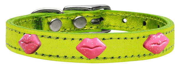 Pink Glitter Lips Widget Genuine Metallic Leather Dog Collar Lime Green 16 83-74 LgM16 By Mirage