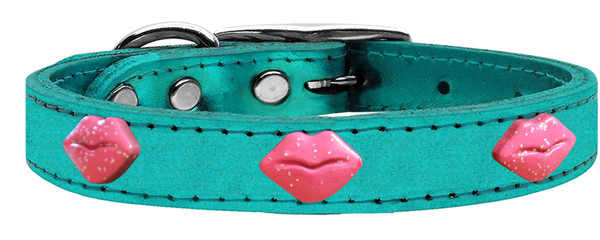 Pink Glitter Lips Widget Genuine Metallic Leather Dog Collar Turquoise 14 83-74 TQM14 By Mirage