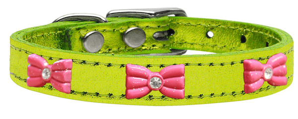 Pink Glitter Bow Widget Genuine Metallic Leather Dog Collar Lime Green 12 83-76 LgM12 By Mirage