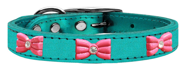 Pink Glitter Bow Widget Genuine Metallic Leather Dog Collar Turquoise 22 83-76 TQM22 By Mirage