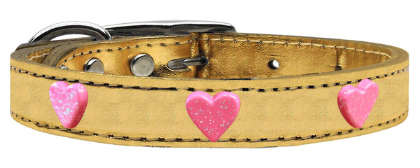 Pink Glitter Heart Widget Genuine Metallic Leather Dog Collar Gold 12 83-78 Gd12 By Mirage