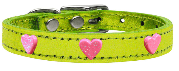 Pink Glitter Heart Widget Genuine Metallic Leather Dog Collar Lime Green 16 83-78 LgM16 By Mirage