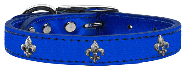 Silver Fleur De Lis Widget Genuine Metallic Leather Dog Collar Blue 22 83-80 BLM22 By Mirage