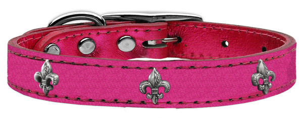 Silver Fleur De Lis Widget Genuine Metallic Leather Dog Collar Pink 12 83-80 PkM12 By Mirage