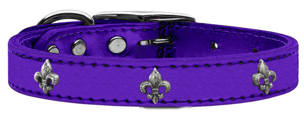 Silver Fleur De Lis Widget Genuine Metallic Leather Dog Collar Purple 14 83-80 PrM14 By Mirage