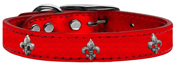 Silver Fleur De Lis Widget Genuine Metallic Leather Dog Collar Red 24 83-80 RdM24 By Mirage