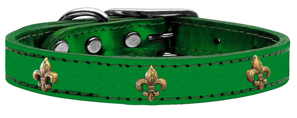 Bronze Fleur De Lis Widget Genuine Metallic Leather Dog Collar Emerald Green 14 83-81 EGM14 By Mirage